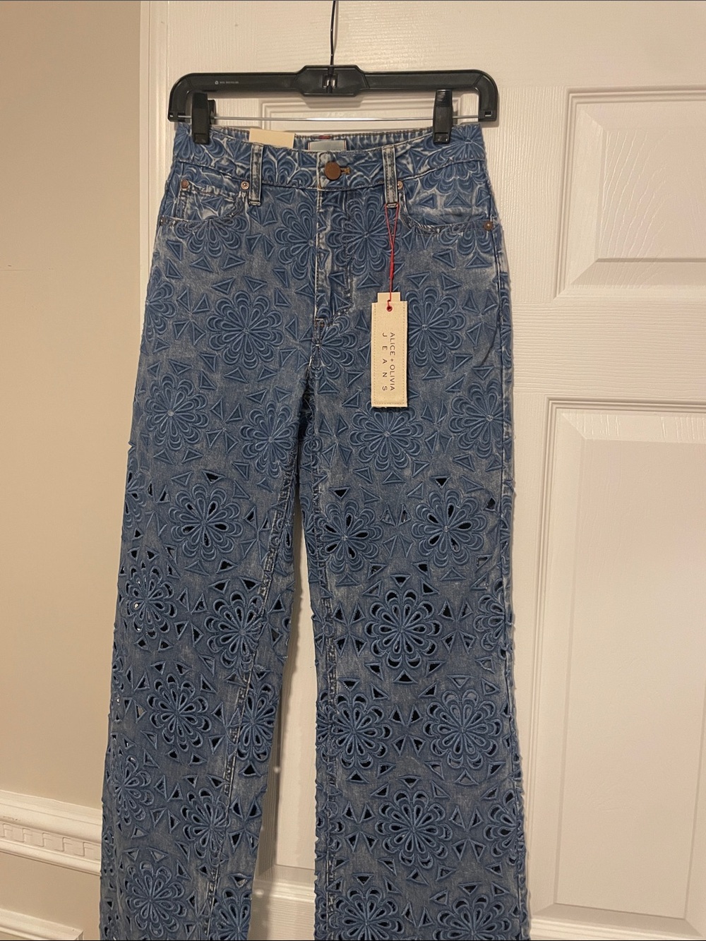 High-Rise Blue Floral Laser-Cut Wide-Leg Jeans - Picture 6 of 10